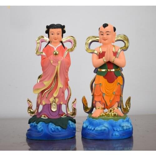 A pair Buddhism Taoism figure Guan yin Avalokitesvara JIN TONG YU NV TONG ZI buddha Asia HOME family protection FENG SHUI statue