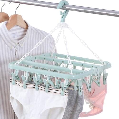 Plastic Folding Clothes Hanger Towels Socks Bras Underwear Drying Rack With 32 Clips Space Saving Closet Organizer Tools KI