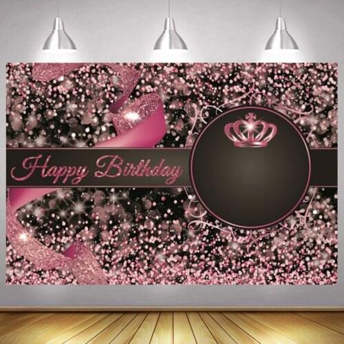 Pink Happy Birthday Party Photo Backdrop Lady Glittering Crown Decoration Photography Backgrounds Banner Surprising Photo Shoot