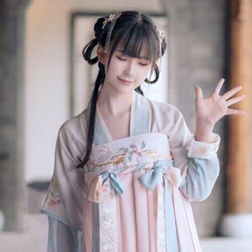 Sweet Lolita Hanfu Chinese Vintage Style Chiffon Long Sleeve Rabbit Floral Embroidery Cute Bow Lacing Thin Loose Fairy Dresses