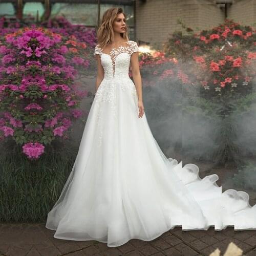Boho Wedding Dresses O-Neck Appliques A-Line Cap Sleeves White Ivory Tulle Plus Size Wedding Gown Bride Dress 2021