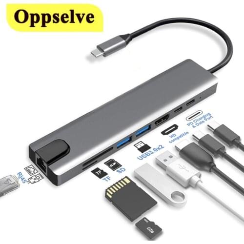USB Type C 3.0 Hub to 4K HDMI-Compatible RJ45 USB SD/TF Card Reader PD Fast Charge 8-in-1 USB Dock USB 3.0 Adapter For Laptop