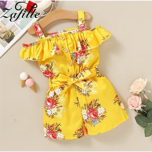 ZAFILLE Baby Girl Clothes Floral Belted Jumpsuit For Girls 2021 Off Shoulder Summer Overalls For Children Toddler Girl Clothes
