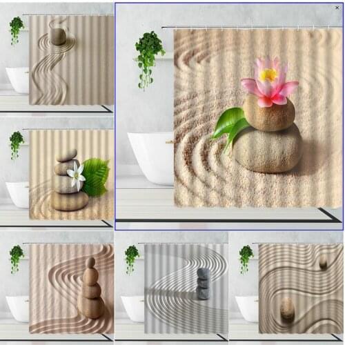 Zen Pink Lotus Shower Curtain Beach Round Stone Print Home Decoration Background Waterproof Bath Curtains With Hooks Polyester