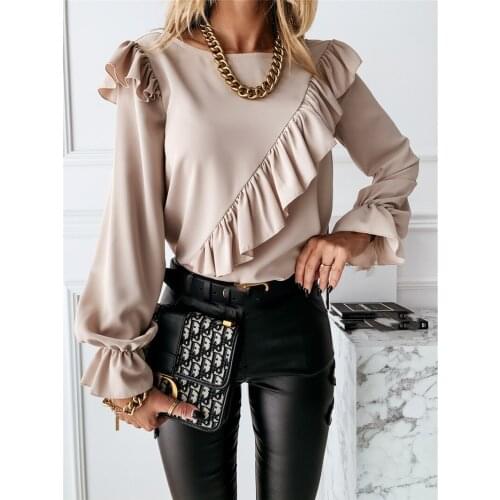 HIRIGIN Women Ruffle Shirt Blouse 2021 Solid Color Outwear Casual Long Flare Sleeve Loose Tops Long Sleeve Office Lady Shirts