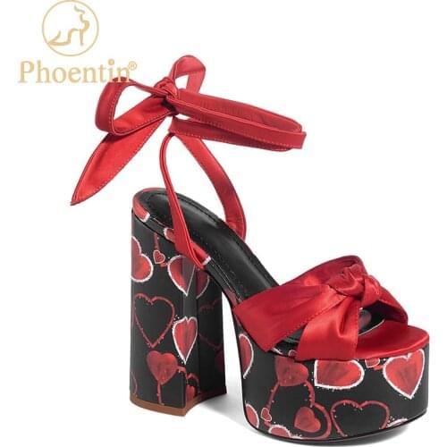 Phoentin high platform sandals woman 2020 red heart shape print womens summer footwear shoes with ribbons cross-strap red FT909