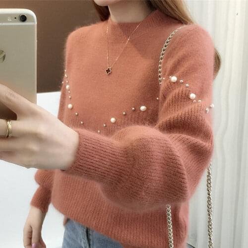 2020 new half turtleneck solid color bead pullover sweater women autumn winter loose version bottoming sweater jumper