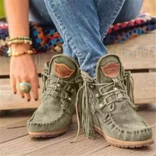 Women Ankle Boots Retro Medieval Faux Suede Leather Tassel Short Boot Lace Up Round Toe Western Cowboy Boots Casual Winter Shoes