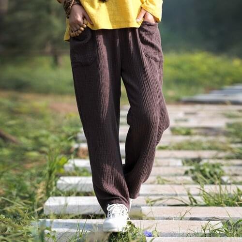 Women Spring Cotton linen Pants Loose 2016 Original Straight Pants Pockets Trousers Casual Solid Color Pleated Vintage