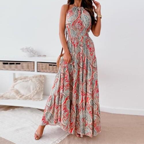 Summer Backless Vintage Print Women Long Dress Lady Fashion Sexy Loose Beach Dress Elegant Halter Sleeveless Party Dress Vestido