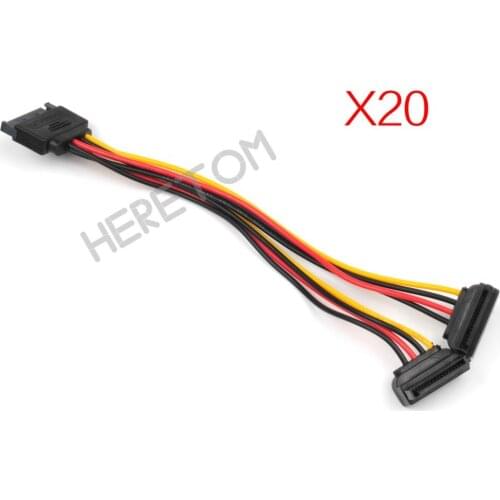 20pcs/lot 20cm SATA 15Pin Male to Dual 15P Female 90 Degree Y Splitter Power Adapter Cable