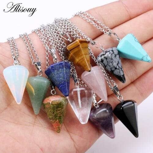 Alisouy 1 piece Fashion Natural Stone Pendant Necklaces For Women and Men Cone bullet Style Sweater Necklace Jewelry