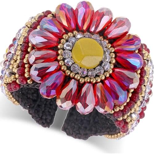 HAHA&TOTO Handmade Weaving Beaded Cuff Bracelet Bangle for Girls Women Trendy Natural Stones Crystal Flowers Statement Bracelet