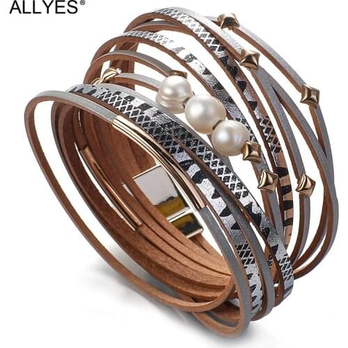 ALLYES Natural Pearl Beads Leather Bracelets for Women Multilayer Boho Star Charm Wide Wrap Bracelet Fashion Jewelry