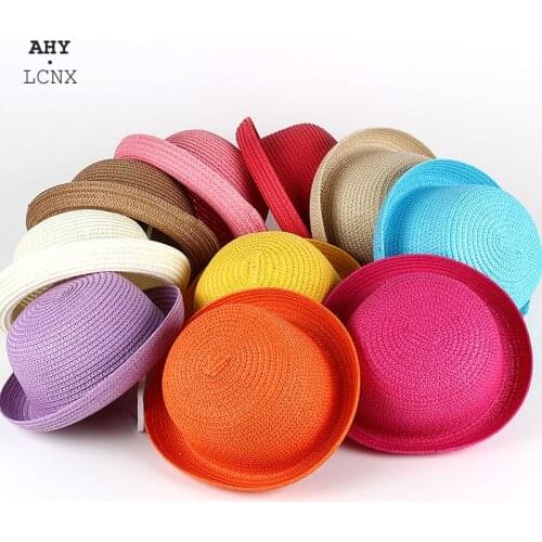 Wholesale Baby Straw Hat Solid Color Kids Character Decoration Infant Sun Hats Girl Boys Bucket Cap Children Beach Panama Caps