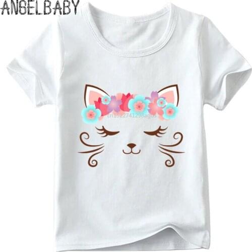 Children Cute Flower Cat Face Funny T shirt Summer Baby Boys/Girls Cartoon Tops Short Sleeve T-shirt Kids Clothes,ooo2409