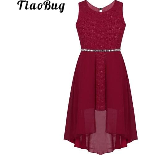 TiaoBug Kids Teens Sleeveless Sparkly Rhinestone High-low Hem Girls Birthday Prom Party Ballroom Chiffon Dress Dance Costume