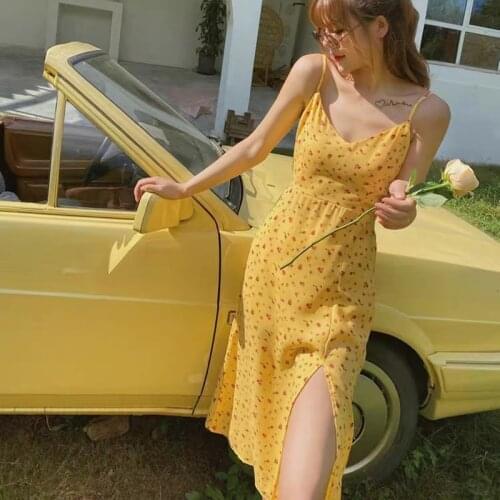 2021 Spring And Summer Retro Elegant Slit Yellow Dress V-Neck High Waist Slim Slip Flower Dress French Sweet Girl Clothes