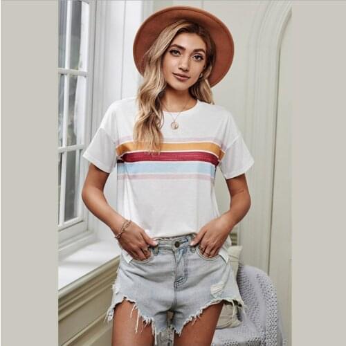 Rainbow Striped Punk Letters Printed T-shirt O-Neck T Shirt Ladies Women Summer Short Sleeve Shirt Round Neck Casual Tunic Tops