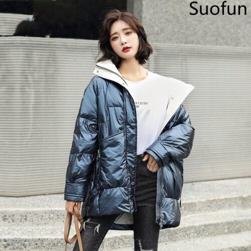 Suofun Zipper Cotton Glossy Sweet Stand Collar Thick Female Loose Royal Elegant 2021 New Winter Warm Womens Casual Parka Coats