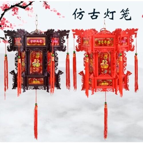 Wooden Revolving Palace Lantern Chinese Antique Wood Carving Red Palace Hexagonal Rotating Lanterns Chinese New Year Decoration