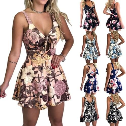 Summer Jumpsuits Women Flower Print Sleeveless Beach Bohemian Rompers Sexy Sling V Neck Chest Bow Lace Up Loose Short Playsuits