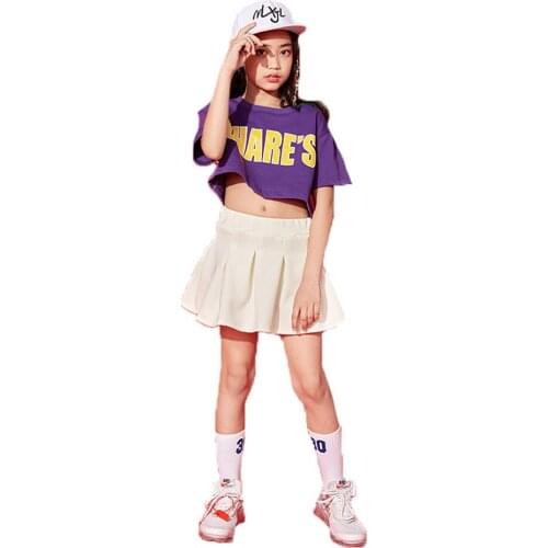 Girls Boys Hip Hop Costume Short-Sleeve Letter Print Tshirt Top Or White Pants/Skirt Clothing Dance Contest Photography Wear