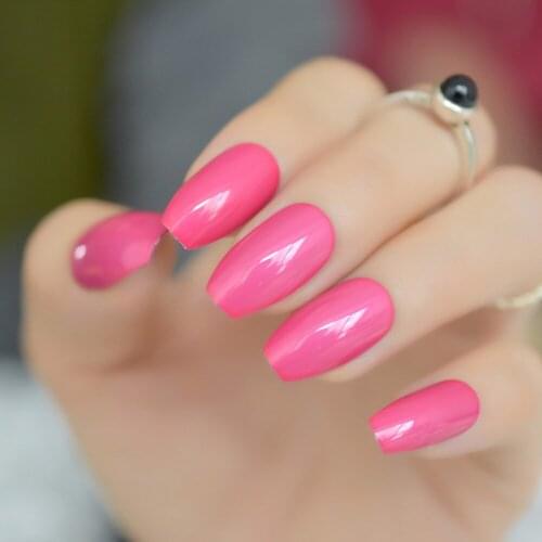 Ballerina Nail Tips Hot Pink Metallic False Coffin Nails Art Flat Shape Full Cover Manicure Rose Red Fake Nail Metal Punk Style