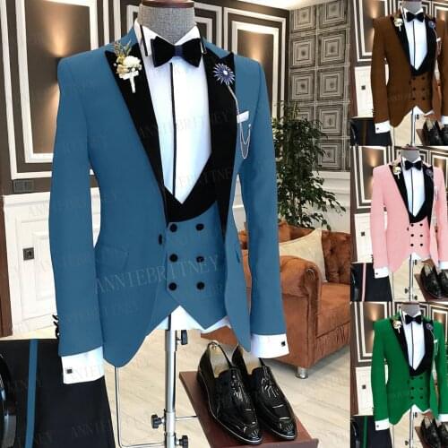 2021 Brand Newest Blue Men Suits Slim fit Custom Made Groom Wedding Suit Tuxedo Fashion Business Blazer Formal Vest Pants Set