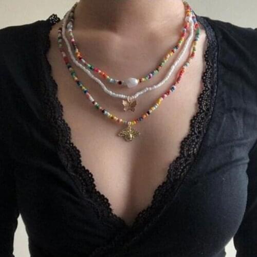 Colorful Bead Multi-layered Butterfly Necklace Bee Flower Pearl Asymmetry Strand Choker 2021 Trend Party Fashion Gift For Women