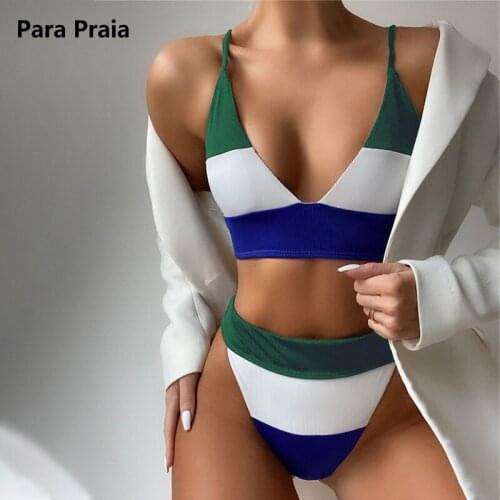 Para Praia 2021 Sexy Deep V Swimsuit Women Patchwork Bathing Suit Push Up Swimwear High Waist Bikini Halter Biquini Summer