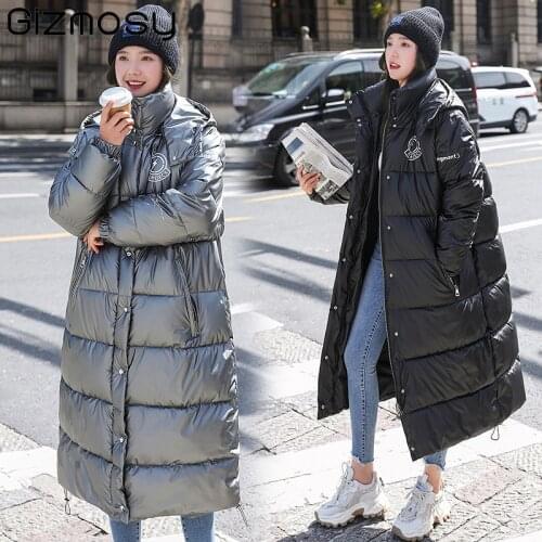 Gizmosy Glossy Long Coat Women 2021 Winter Loose Bread Parkas with Hood Thickened Casual Cotton Jacket Female Snow Warm Outwear