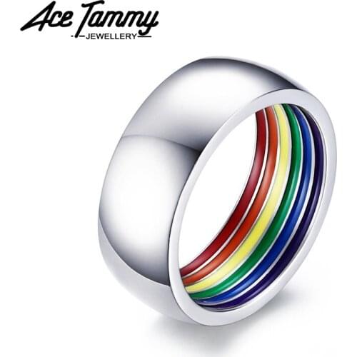 316L Stainless Steel Ring High Polished Rainbow Ring LGBT Gay Pride Jewelry 8mm for Couple US Size 7-12
