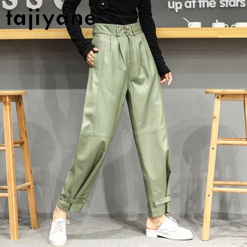 Tajiyane Autumn Streetwear Women Real Sheepskin Pants Woman Leather Trousers Womens Wide Leg Pants Oversize Pantalones TN1283