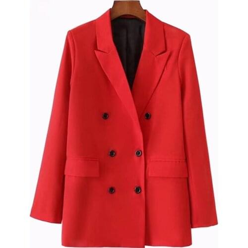 Spring Fashion Jacket Women Red Suit Blazer Double Breasted Pocket Women Blazers Jackets Work Office Business Suit