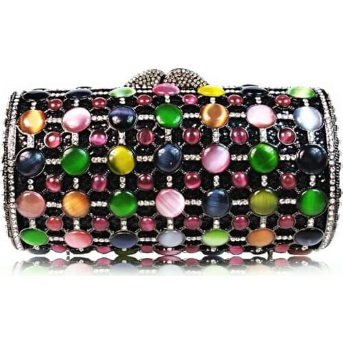 XIYUAN Pink/Green/Blue Gemstone Evening Clutch Purse Women Clutches Black Handbag Hollow Out White Crystal Lady Party Purses