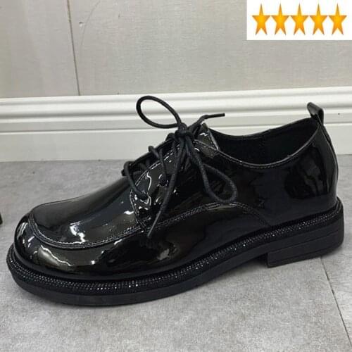 Up Vintage Women Classic Lace Round Toe Bright High Quality Leather Shoes Autumn Retro Preppy Style Ladies Flats Footwear Black
