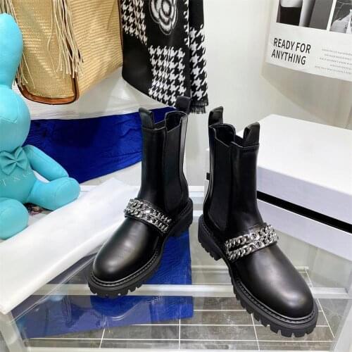 2021 Women Motorcycle Boots Black Genuine Leather With Chain Slip On High Quality Ladies Shoes Luxury Designer