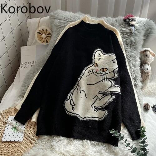 Korobov Preppy Style Cartoon Embroidery Women Pullovers Sweaters Korean O Neck Knitted Jacquard Sueter Mujer Vintage Jumper