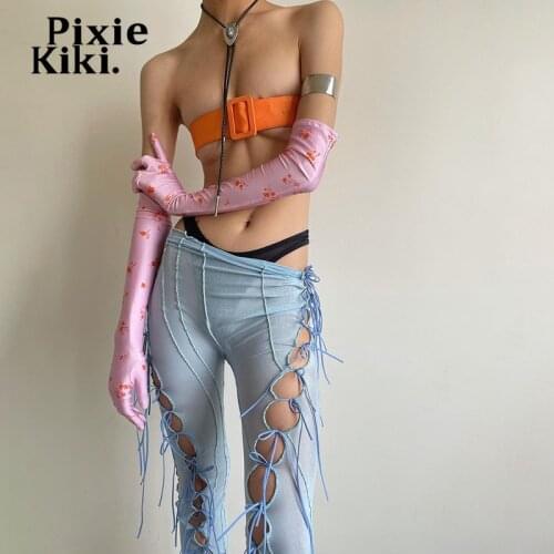 PixieKiki Sexy Sheer Mesh Cutout Lace Up Flare Pants Streetwear Womens Bottoms Fairy Grunge Festival Party Club Outfits P71-DG19