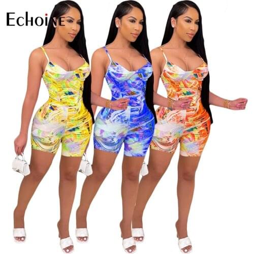Echoine 2021 Women Tie-Dye Print Set Spaghetti Strap Tops Sheath Elastic Shorts 2 Two Piece Sets Tracksuit Sexy Sweatsuit Outfit