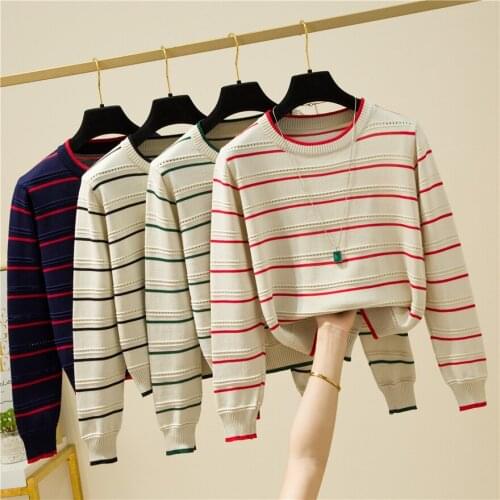 Women Sweater 2021 Autumn Long Sleeves Short Striped CropTops Korean O-Neck Pullover Knitted Jumper Elegant Warm Pull Femme