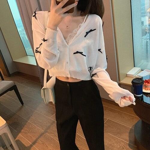 Casual Women Bowknot Long-sleeved V-neck Short Thin T-shirt Ice Silk Sunscreen High Waist Crop Top