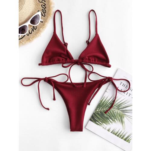 ZAFUL Ribbed Low Waisted Cami Bikini Set Spaghetti Straps Wire Free String Bikini Solid Women Swimwear Push Up Bathing Suit 2019
