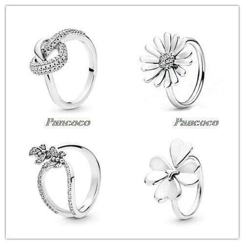 Authentic 925 Sterling Silver Ring Pave Daisy Flower Statement With Crystal Rings For Women Wedding Party Gift Fashion Jewelry