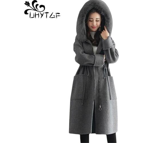 UHYTGF Winter coat women Fur collar hooded high quality autumn woolen coat Zipper elegant loose plus size jacket long coats 796