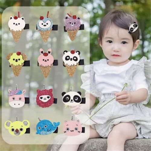 10pcs/Lot New Girls Hair Clips Kids Glitter Hairpins Panda Ice Cream Girl Hair Barrette Cartoon Cat Princess Hair Accessories