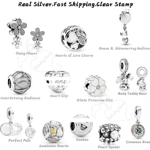 100% Real 925 Silver Baby Teddy Bear Charms Heart Clips Mouse Balloon Dangles Fits Pdoras Bracelets Necklace DIY Beads