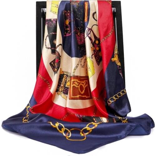2021 Summer Sunscreen Silk Scarf Fashion Chain Print Square Bandana Popular 90X90CM Satin Kerchief Female High-Grade Beach Shawl