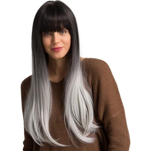 24'' Long Straight Women Wig Resist Natural Looking Cosplay Ombre Wigs